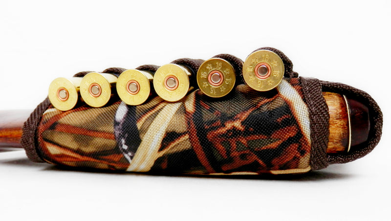 Nylon Shotgun Camo Shell Holder Adjustable Buttstock Pouch Padded Hunting Accessories 12/16 Gauge Right/Left Handed Soft Padding Stock Cover (Brown Cane Camo Right)