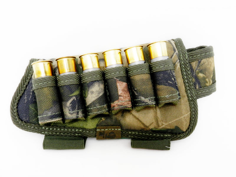 Nylon Shotgun Camo Shell Holder Adjustable Pouch Padded Hunting Accessories 12/16 Gauge Right/Left Handed Soft Padding Stock Cover (Green Oak Camo Left)