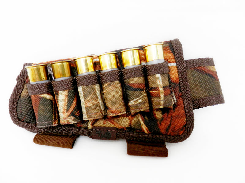 Nylon Shotgun Camo Shell Holder Adjustable Buttstock Pouch Padded Hunting Accessories 12/16 Gauge Right/Left Handed Soft Padding Stock Cover (Brown Cane Camo Left)