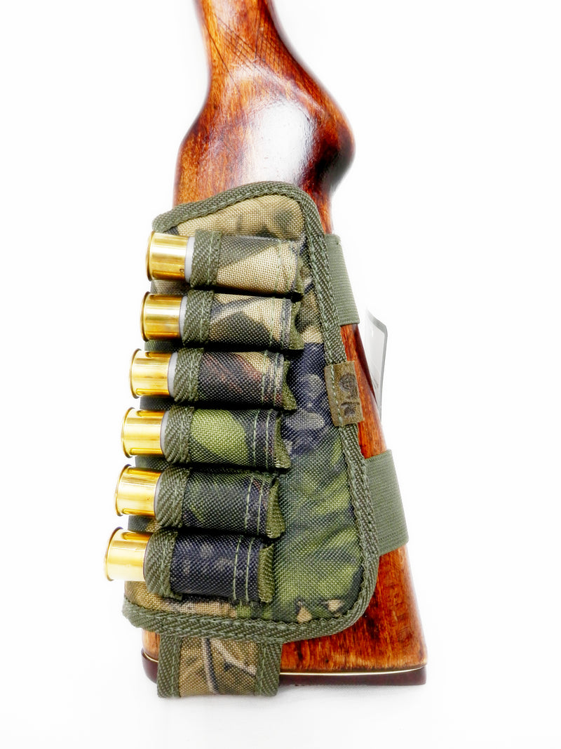 Nylon Shotgun Camo Shell Holder Adjustable Hunting Accessories 12/16 Gauge Right/Left Handed Soft Padding Stock Cover (Green Oak Camo Right)