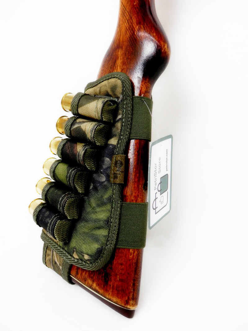 Nylon Shotgun Camo Shell Holder Adjustable Hunting Accessories 12/16 Gauge Right/Left Handed Soft Padding Stock Cover (Green Oak Camo Right)