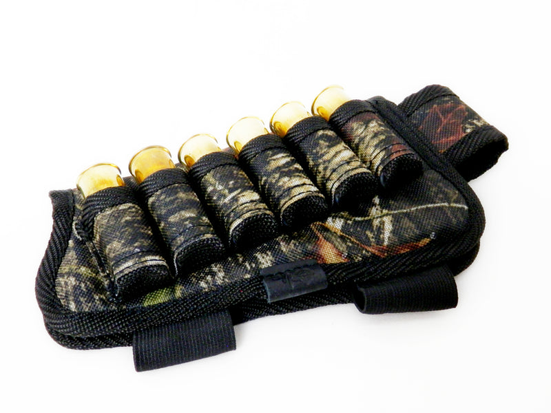 Nylon Shotgun Camo Shell Holder Adjustable Buttstock Pouch Padded Hunting Accessories 12/16 Gauge Right/Left Handed Soft Padding Stock Cover (Black Oak Camo Left)