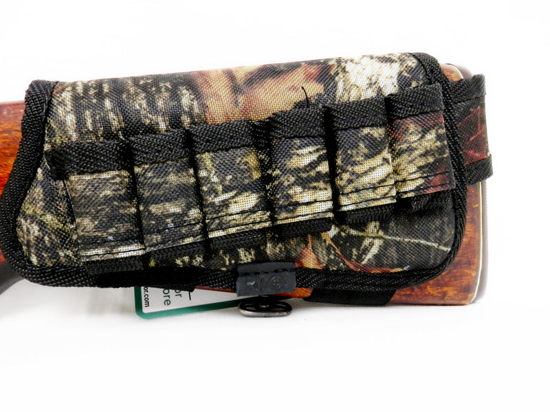 Nylon Shotgun Camo Shell Holder Adjustable Buttstock Pouch Padded Hunting Accessories 12/16 Gauge Right/Left Handed Soft Padding Stock Cover (Black Oak Camo Left)