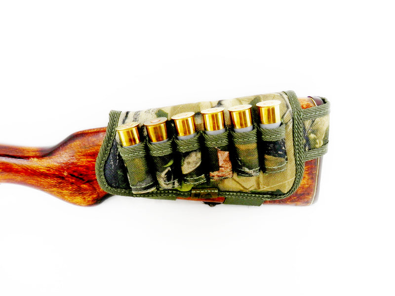 Nylon Shotgun Camo Shell Holder Adjustable Pouch Padded Hunting Accessories 12/16 Gauge Right/Left Handed Soft Padding Stock Cover (Green Oak Camo Left)