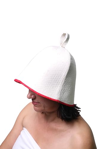 PetriStor Sauna Hat Comfort - Sauna Hat for Women - Wool Sauna Hat - Sauna Hat for Men - Bathhouse hat - Natural Felt Sauna Cap (White with red)