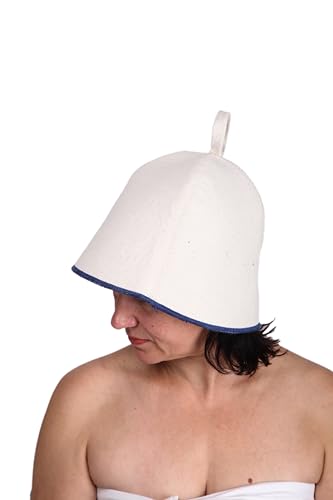 PetriStor Sauna Hat Comfort - Sauna Hat for Women - Wool Sauna Hat - Sauna Hat for Men - Bathhouse hat - Natural Felt Sauna Cap (White with Blue)