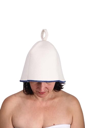 PetriStor Sauna Hat Comfort - Sauna Hat for Women - Wool Sauna Hat - Sauna Hat for Men - Bathhouse hat - Natural Felt Sauna Cap (White with Blue)