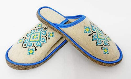 Natural Wool Felt Slippers Ukrainian Ornament Blue for Men