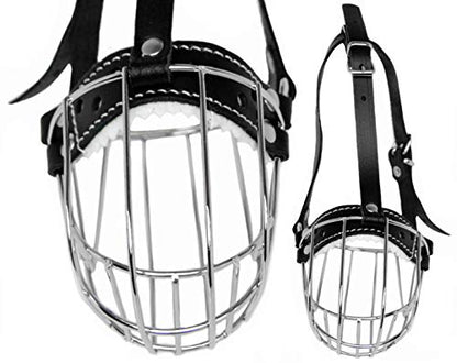 Dog Chrome Metal Muzzles Wire Basket Adjustable Leather Straps (#4) Circumference is 9.4-11 in, Length is 3.1-3.5 in