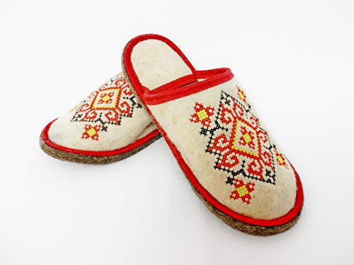 Sauna Banya Slippers Ukrainian Ornament Red for Woman Wool Felt