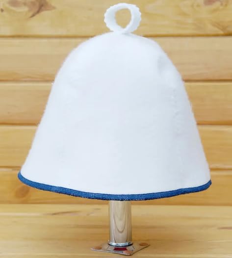 PetriStor Sauna Hat Comfort - Sauna Hat for Women - Wool Sauna Hat - Sauna Hat for Men - Bathhouse hat - Natural Felt Sauna Cap (White with Blue)