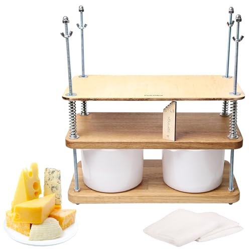 Cheese Press for Cheese Making 16 in Natural Oak 18 mm thick - Cheesemaking Kit with Wooden Cheese Press and 2 Cheese Molds 0.48 gal - 1.8 L White, Cheesecloth, Springs and measuring scale included