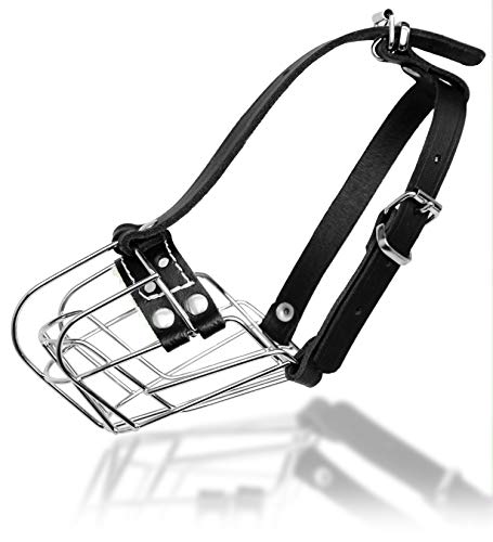 Dog Chrome Metal Muzzles Wire Basket Adjustable Leather Straps (№0) Circumference is 5.9-6.2 in, Length is 2.1-2.3 in