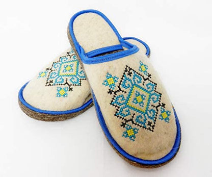 Natural Wool Felt Slippers Ukrainian Ornament Blue for Men