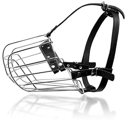 Dog Chrome Metal Muzzles Wire Basket Adjustable Leather Straps (№5+) Circumference is 12.2-13 in, Length is 4.7-5.1 in