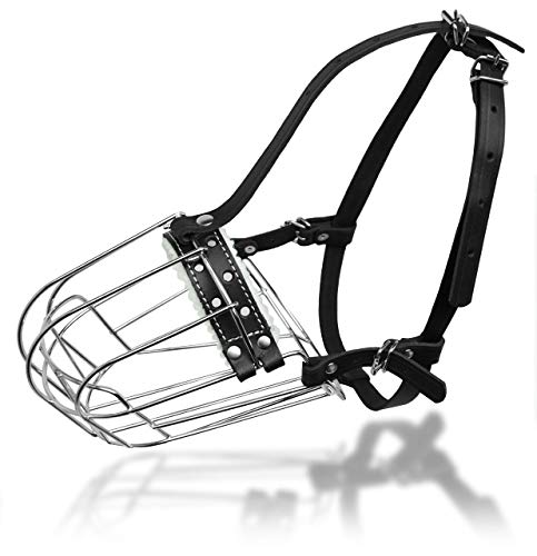 Dog Chrome Metal Muzzles Wire Basket Adjustable Leather Straps (№6) Circumference is 13-13.8 in, Length is 3.9-4.3 in