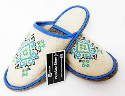 Natural Wool Felt Slippers Ukrainian Ornament Blue for Men