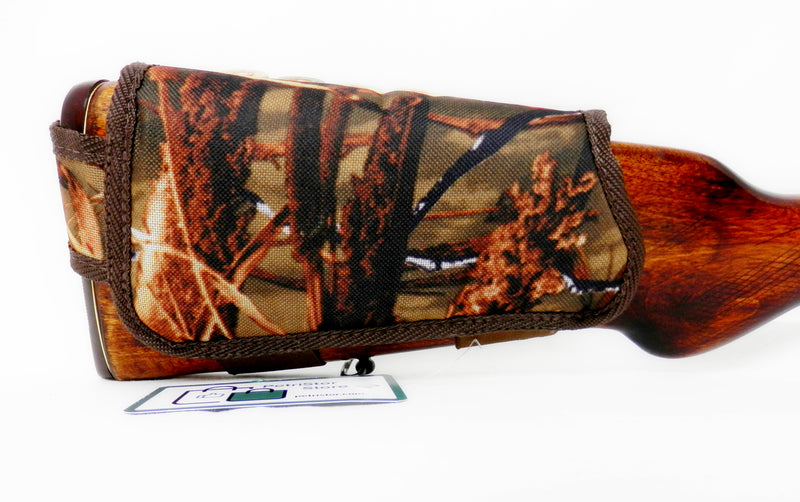 Nylon Shotgun Camo Shell Holder Adjustable Buttstock Pouch Padded Hunting Accessories 12/16 Gauge Right/Left Handed Soft Padding Stock Cover (Brown Cane Camo Left)