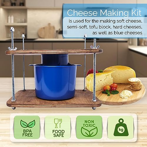 Cheese Press for Cheese Making 12 in - Cheesemaking Kit with Wooden Cheese Press and 1 Cheese Mold 0.48 gal - 1.8 L Blue - Сheese Press for Home Cheese Making Metal Guides Pressure up to 50 Pounds