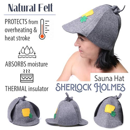 PetriStor Sauna Hat Sherlock Holmes - Sauna Hat for Men - Wool Sauna Hat - Sauna Hat for Women - Bathhouse hat - Natural Felt Sauna Cap (Gray)