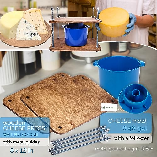 Cheese Press for Cheese Making 12 in - Cheesemaking Kit with Wooden Cheese Press and 1 Cheese Mold 0.48 gal - 1.8 L Blue - Сheese Press for Home Cheese Making Metal Guides Pressure up to 50 Pounds