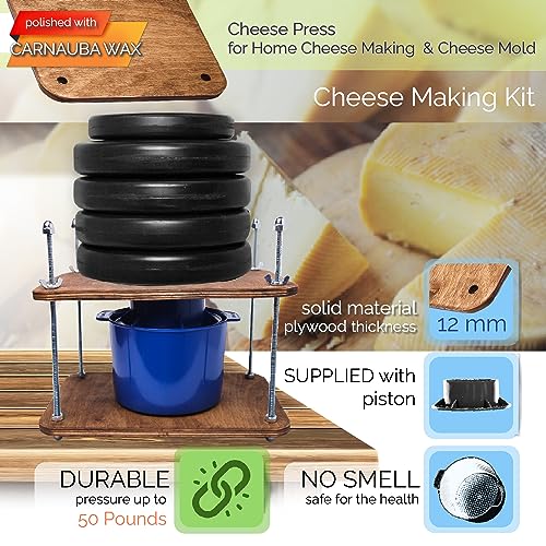 Cheese Press for Cheese Making 12 in - Cheesemaking Kit with Wooden Cheese Press and 1 Cheese Mold 0.48 gal - 1.8 L Blue - Сheese Press for Home Cheese Making Metal Guides Pressure up to 50 Pounds
