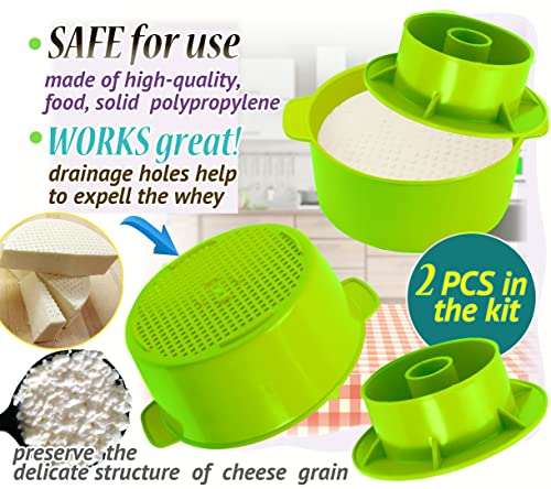 2 pcs Cheesemaking Kit Сheese Mold Press Strainer cheese With Follower Piston 40 oz (1,2 liters) Tofu Press Mold Cheese Making Kit Machine Color green