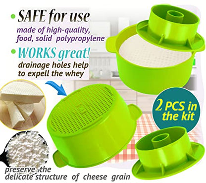 2 pcs Cheesemaking Kit Сheese Mold Press Strainer cheese With Follower Piston 40 oz (1,2 liters) Tofu Press Mold Cheese Making Kit Machine Color green