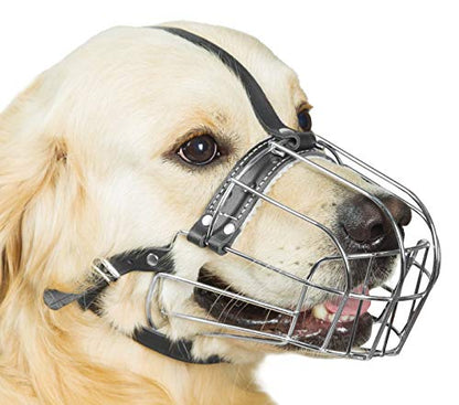 Dog Chrome Metal Muzzles Wire Basket Adjustable Leather Straps (№6) Circumference is 13-13.8 in, Length is 3.9-4.3 in