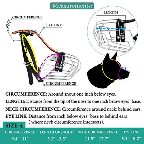 Dog Chrome Metal Muzzles Wire Basket Adjustable Leather Straps (#4) Circumference is 9.4-11 in, Length is 3.1-3.5 in