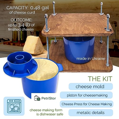 Cheese Press for Cheese Making 12 in - Cheesemaking Kit with Wooden Cheese Press and 1 Cheese Mold 0.48 gal - 1.8 L Blue - Сheese Press for Home Cheese Making Metal Guides Pressure up to 50 Pounds