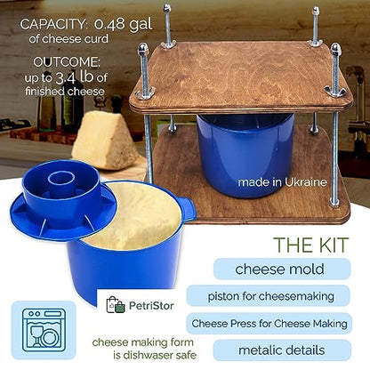 Cheese Press for Cheese Making 12 in - Cheesemaking Kit with Wooden Cheese Press and 1 Cheese Mold 0.48 gal - 1.8 L Blue - Сheese Press for Home Cheese Making Metal Guides Pressure up to 50 Pounds