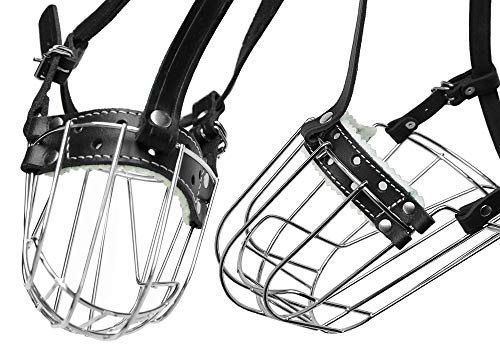 Dog Chrome Metal Muzzles Wire Basket Adjustable Leather Straps (№6) Circumference is 13-13.8 in, Length is 3.9-4.3 in