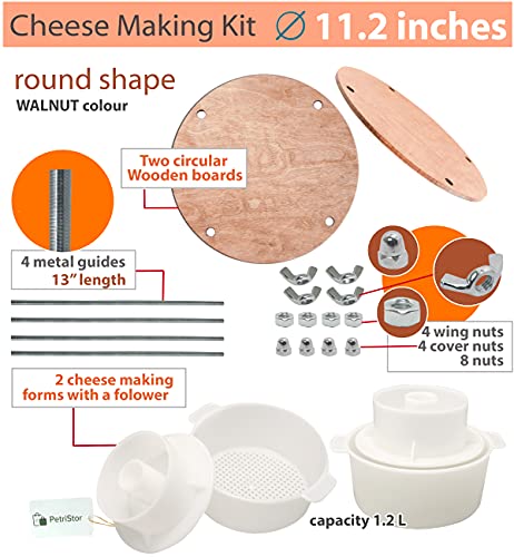 Cheese Making Kit - Wooden Cheese Press diameter 11.2 in and 2 Cheese Molds of 45oz -Сheese Press for Home Cheese Making Pressure up to 50 Pounds Walnut Color