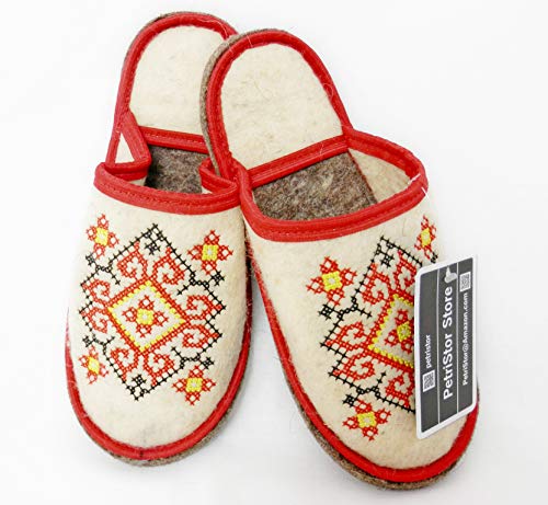 Sauna Banya Slippers Ukrainian Ornament Red for Woman Wool Felt