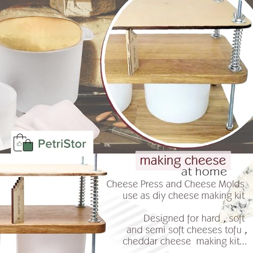 Cheese Press for Cheese Making 16 in Natural Oak 18 mm thick - Cheesemaking Kit with Wooden Cheese Press and 2 Cheese Molds 0.48 gal - 1.8 L White, Cheesecloth, Springs and measuring scale included