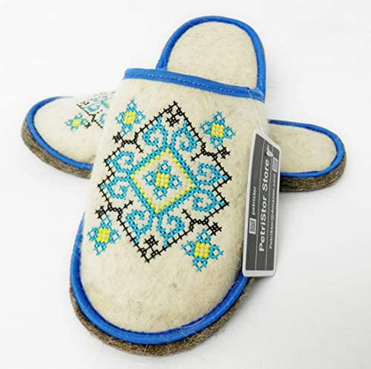 Natural Wool Felt Slippers Ukrainian Ornament Blue for Men