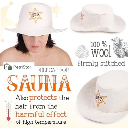 PetriStor Sauna Hat Sheriff - Sauna Hat for Men - Wool Sauna Hat - Sauna Hat for Women - Bathhouse hat - Natural Felt Sauna Cap (White)