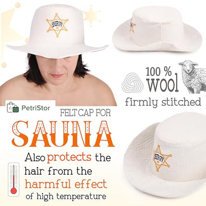 PetriStor Sauna Hat Sheriff - Sauna Hat for Men - Wool Sauna Hat - Sauna Hat for Women - Bathhouse hat - Natural Felt Sauna Cap (White)