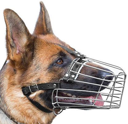 Dog Chrome Metal Muzzles Wire Basket Adjustable Leather Straps German Shepherd Reinforced (№2) Snout Circumference is 11.4-13.5 in, Length is 3.9-5.1 in. by PetriStor