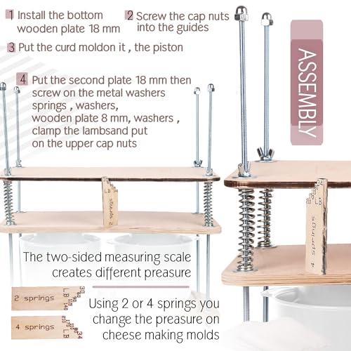 Cheese Press for Cheese Making 16 in - Cheesemaking Kit with Wooden Cheese Press and 2 Cheese Molds 0.48 gal - 1.8 L Blue, Cheesecloth, Springs and measuring scale included