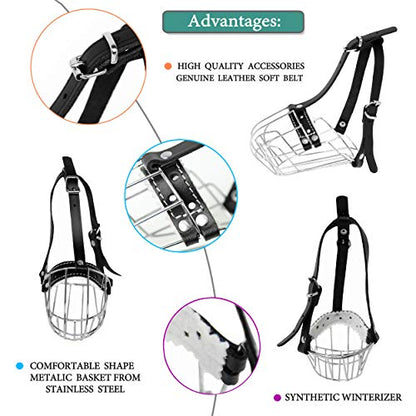 №1 Dog Chrome Metal Muzzles Wire Basket Adjustable Leather Straps Snout Circumference of Metal Muzzle is 6.6-7.8 in The Length is 2.5-2.7 in