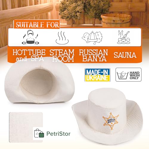 PetriStor Sauna Hat Sheriff - Sauna Hat for Men - Wool Sauna Hat - Sauna Hat for Women - Bathhouse hat - Natural Felt Sauna Cap (White)