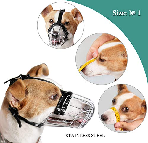 №1 Dog Chrome Metal Muzzles Wire Basket Adjustable Leather Straps Snout Circumference of Metal Muzzle is 6.6-7.8 in The Length is 2.5-2.7 in