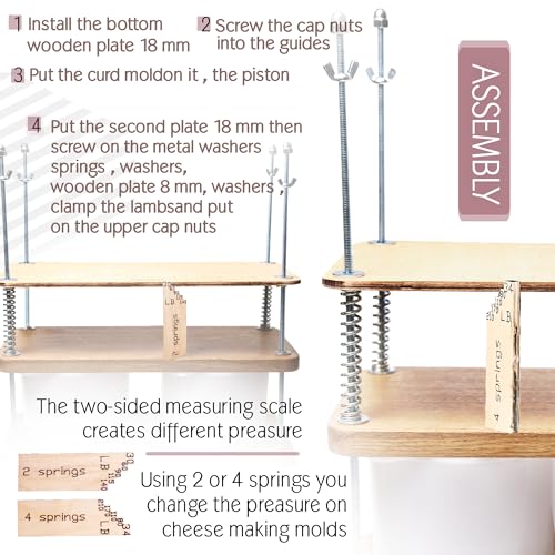 Cheese Press for Cheese Making 16 in Natural Oak 18 mm thick - Cheesemaking Kit with Wooden Cheese Press and 2 Cheese Molds 0.48 gal - 1.8 L White, Cheesecloth, Springs and measuring scale included