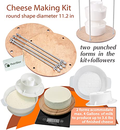 Cheese Making Kit - Wooden Cheese Press diameter 11.2 in and 2 Cheese Molds of 45oz -Сheese Press for Home Cheese Making Pressure up to 50 Pounds Walnut Color