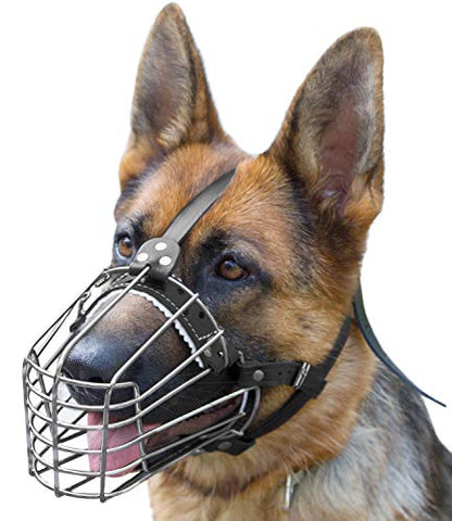 Dog Chrome Metal Muzzles Wire Basket Adjustable Leather Straps German Shepherd Reinforced (№2) Snout Circumference is 11.4-13.5 in, Length is 3.9-5.1 in. by PetriStor