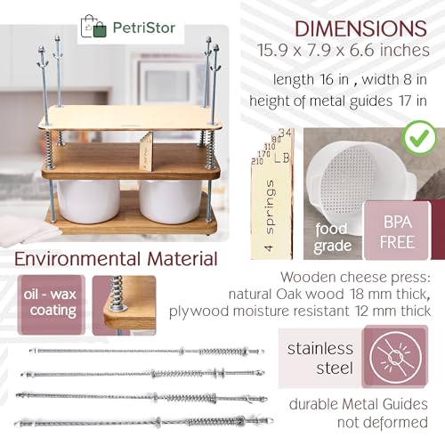 Cheese Press for Cheese Making 16 in Natural Oak 18 mm thick - Cheesemaking Kit with Wooden Cheese Press and 2 Cheese Molds 0.48 gal - 1.8 L White, Cheesecloth, Springs and measuring scale included