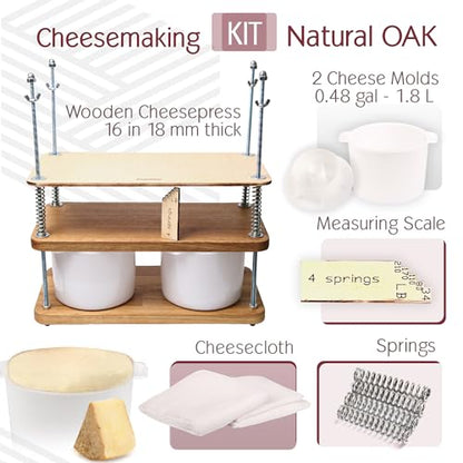 Cheese Press for Cheese Making 16 in Natural Oak 18 mm thick - Cheesemaking Kit with Wooden Cheese Press and 2 Cheese Molds 0.48 gal - 1.8 L White, Cheesecloth, Springs and measuring scale included