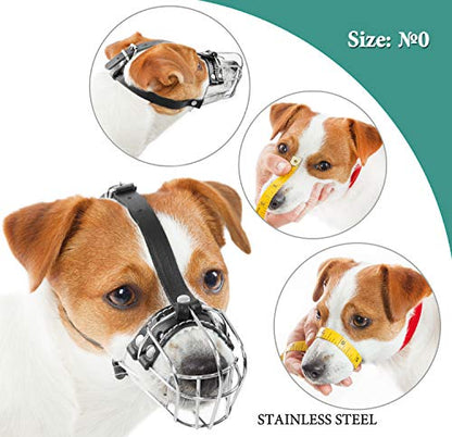 Dog Chrome Metal Muzzles Wire Basket Adjustable Leather Straps (№0) Circumference is 5.9-6.2 in, Length is 2.1-2.3 in